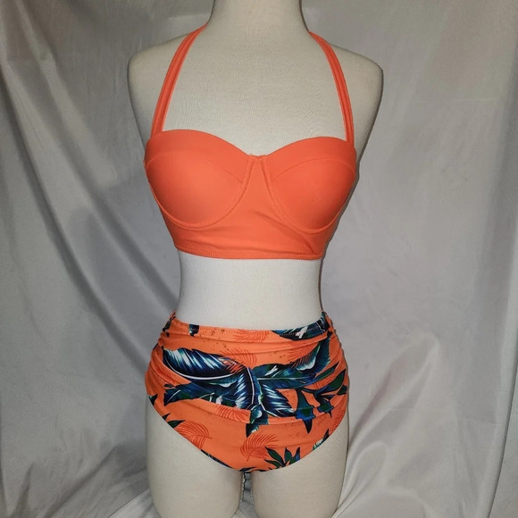Orange High Waist Bikini  w/ Palm Print - Extra Small - Picture 1 of 7